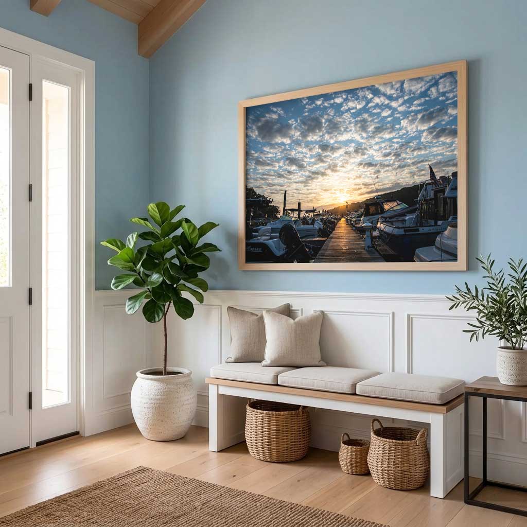 Framed Bayville photo print hanging on a living room wall